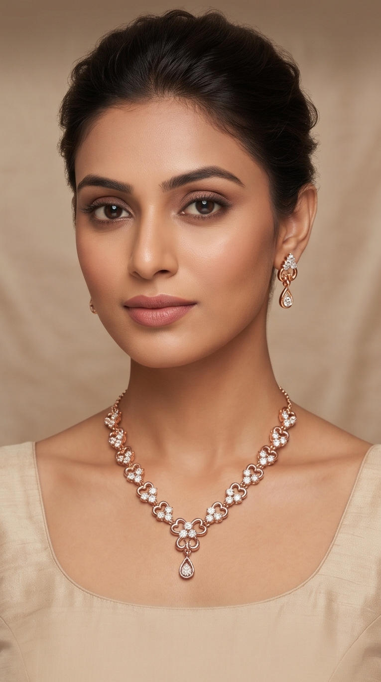 Rose Gold Diamond Necklace & Earring Set – Teardrop Crystal Heart Link Bridal Jewellery