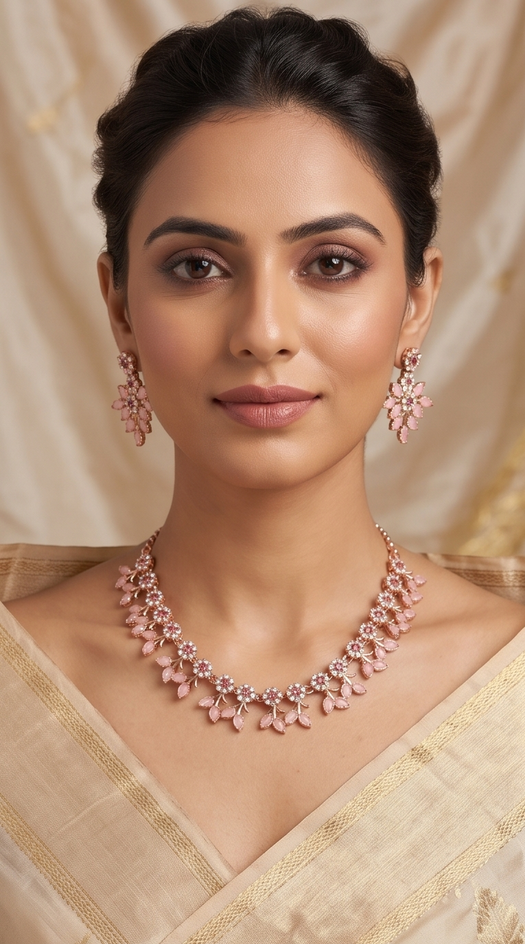 Rose Gold Pink Petal Floral Necklace & Earring Set – Marquise Stone Flower Cluster Imitation Jewellery for Women