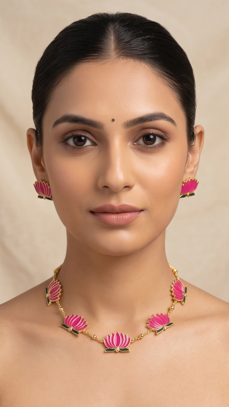 Gold Dori Lotus Enamel Necklace & Earring Set – Pink Meenakari Lotus Charm Adjustable Thread Imitation Jewellery for Women