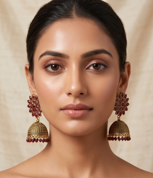 Antique Gold Ruby Jhumka Earrings – Handcrafted Ethnic Temple Jewelry with Pearl Accents