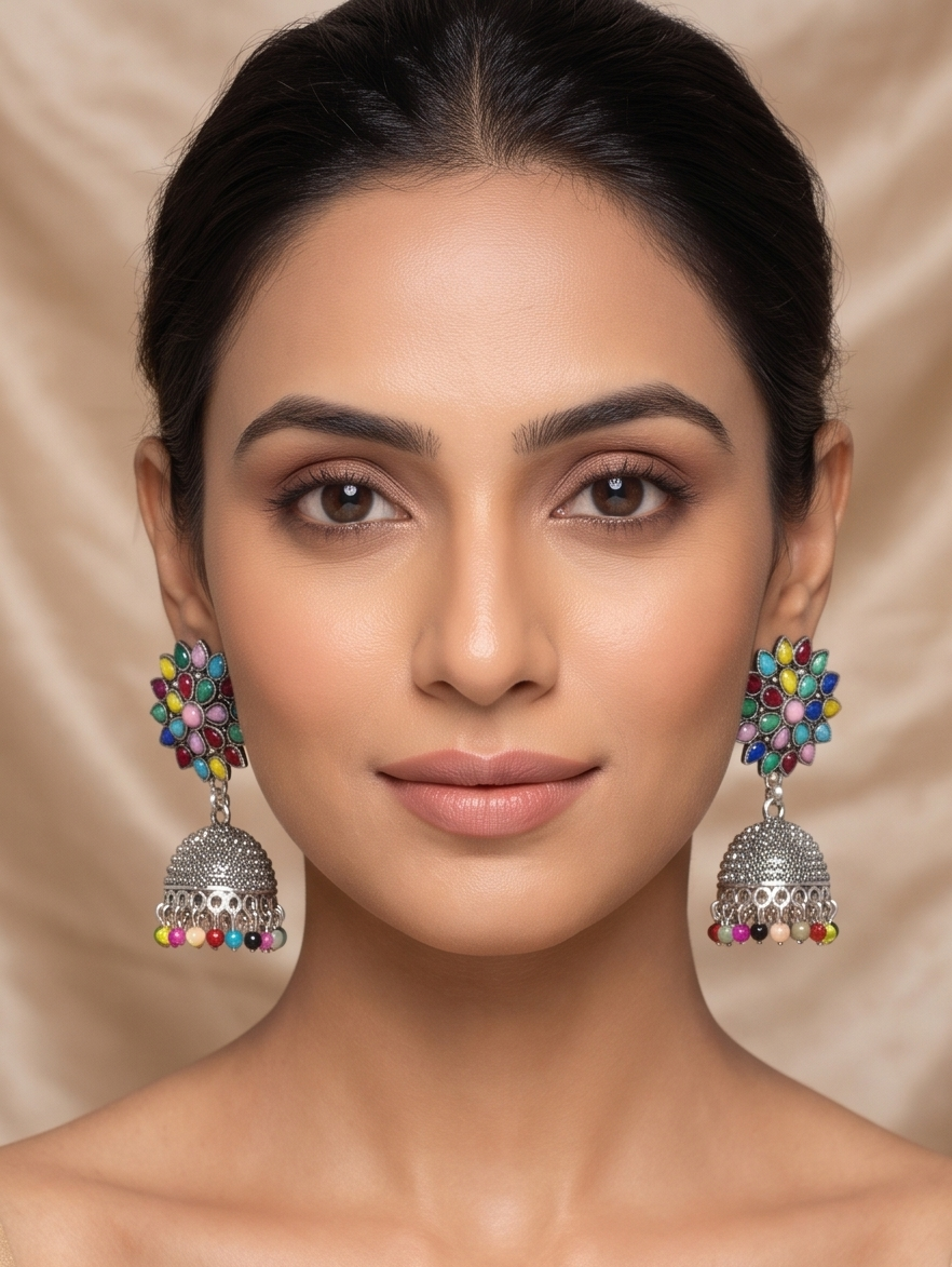 Multicolor Gemstone Silver Jhumka Earrings – Handcrafted Floral Ethnic Drop Earrings with Pearl Lace Accents