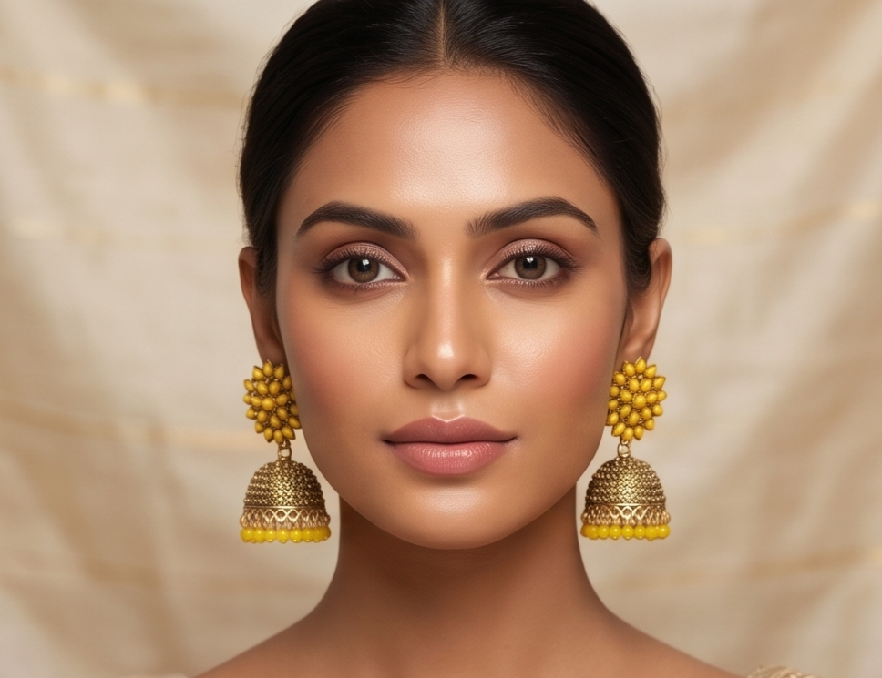 Gold Yellow Floral Jhumka Earrings – Handcrafted Ethnic Drop Earrings with Pearl & Coin Accents