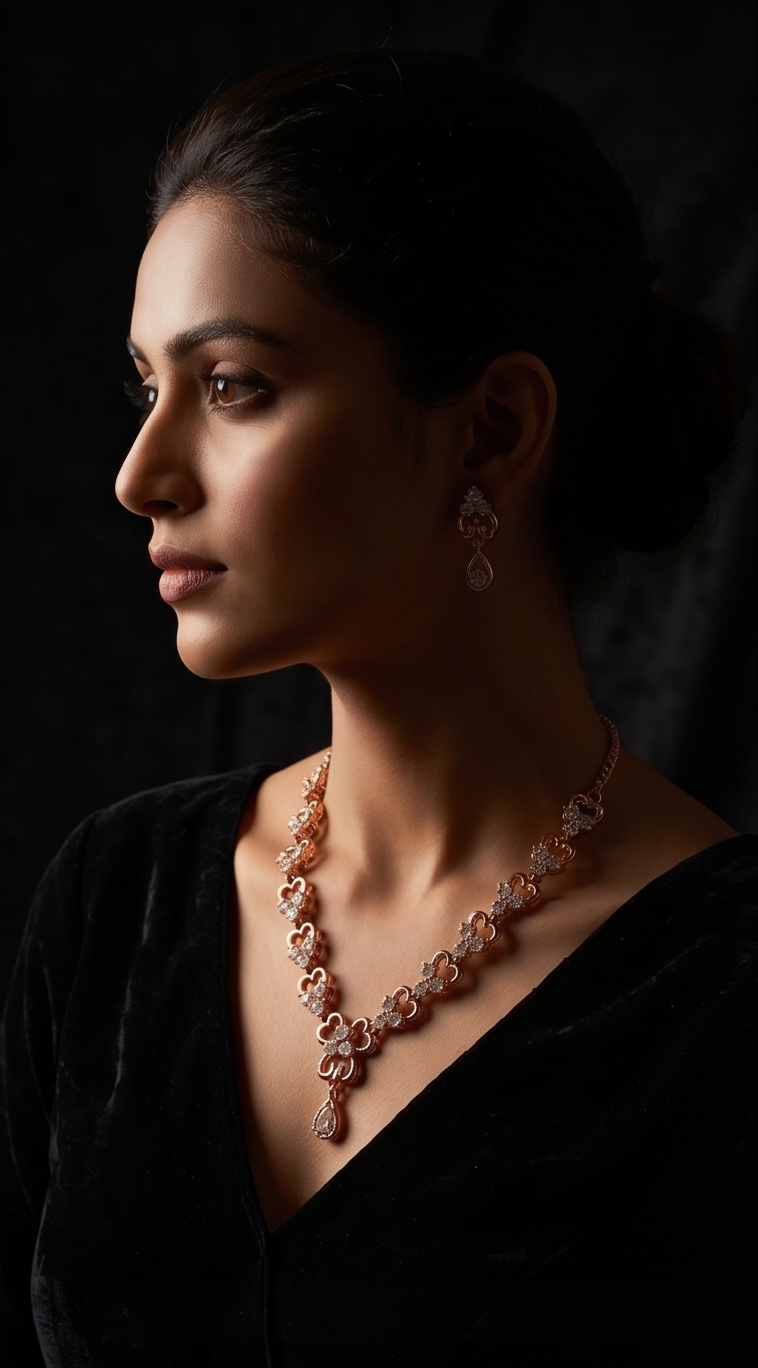 Rose Gold Diamond Necklace & Earring Set – Teardrop Crystal Heart Link Bridal Jewellery