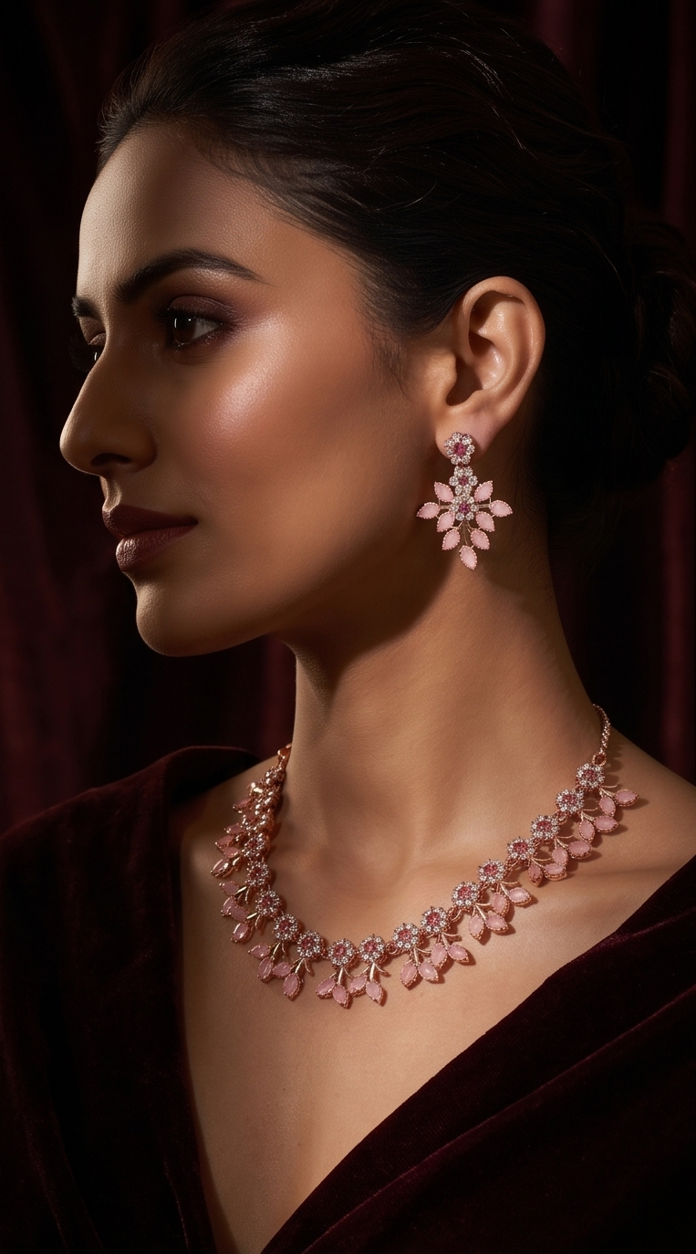 Rose Gold Pink Petal Floral Necklace & Earring Set – Marquise Stone Flower Cluster Imitation Jewellery for Women