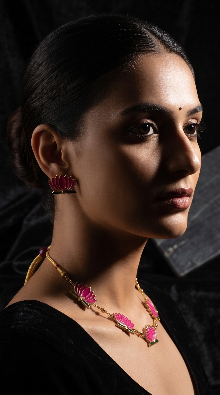Gold Dori Lotus Enamel Necklace & Earring Set – Pink Meenakari Lotus Charm Adjustable Thread Imitation Jewellery for Women