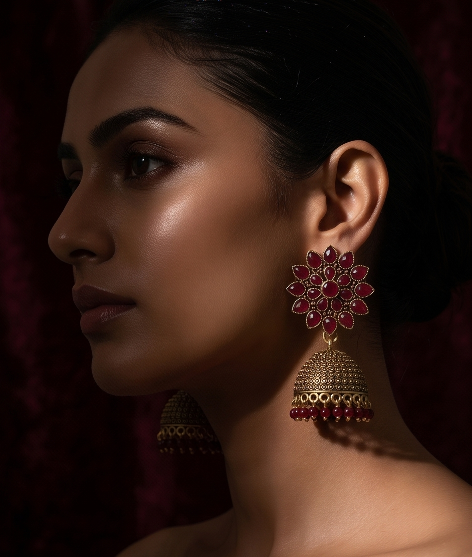 Antique Gold Ruby Jhumka Earrings – Handcrafted Ethnic Temple Jewelry with Pearl Accents