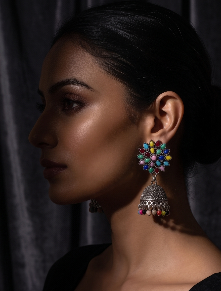 Multicolor Gemstone Silver Jhumka Earrings – Handcrafted Floral Ethnic Drop Earrings with Pearl Lace Accents