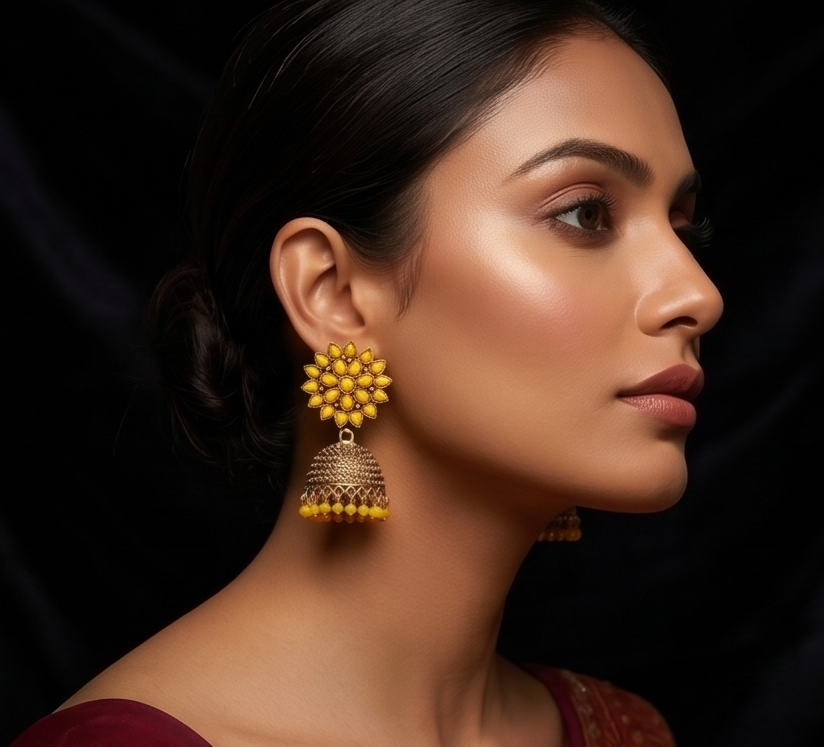 Gold Yellow Floral Jhumka Earrings – Handcrafted Ethnic Drop Earrings with Pearl & Coin Accents