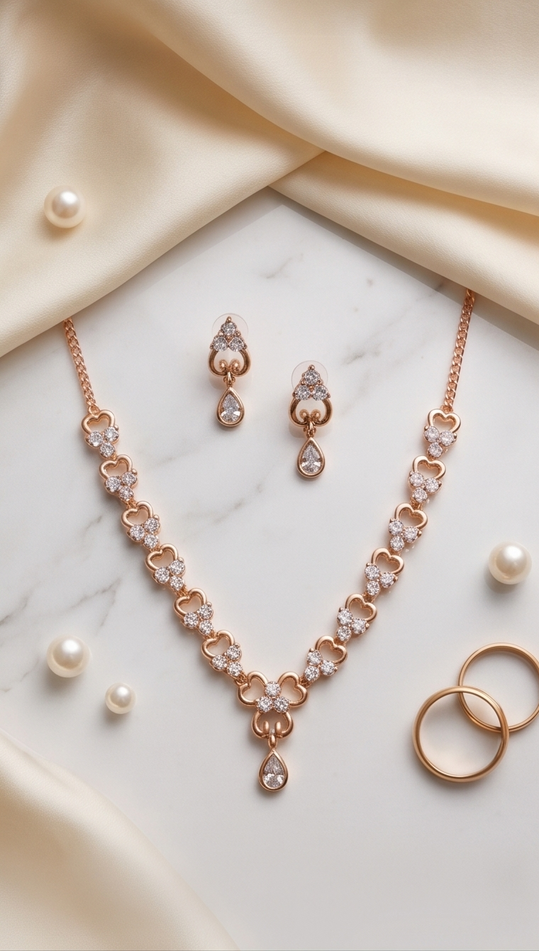 Rose Gold Diamond Necklace & Earring Set – Teardrop Crystal Heart Link Bridal Jewellery
