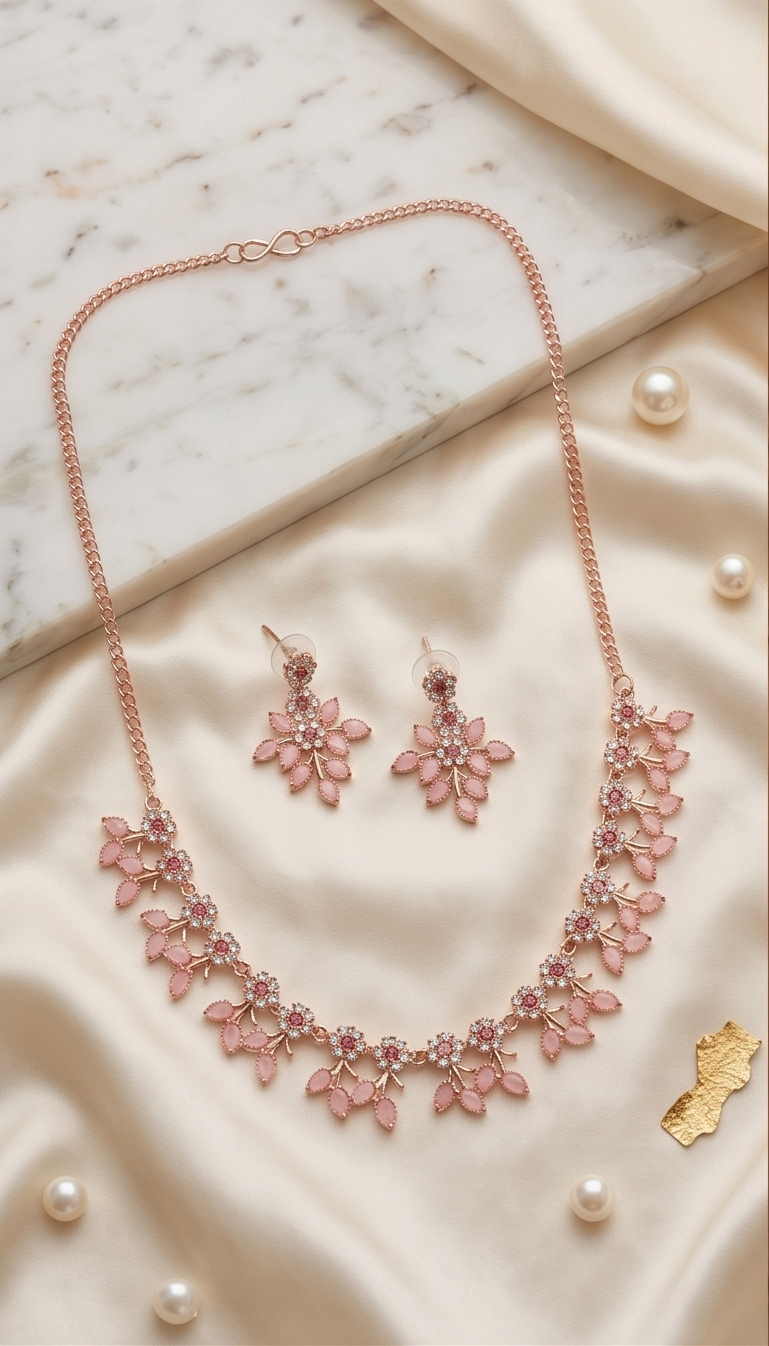 Rose Gold Pink Petal Floral Necklace & Earring Set – Marquise Stone Flower Cluster Imitation Jewellery for Women