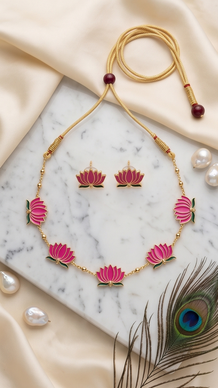 Gold Dori Lotus Enamel Necklace & Earring Set – Pink Meenakari Lotus Charm Adjustable Thread Imitation Jewellery for Women