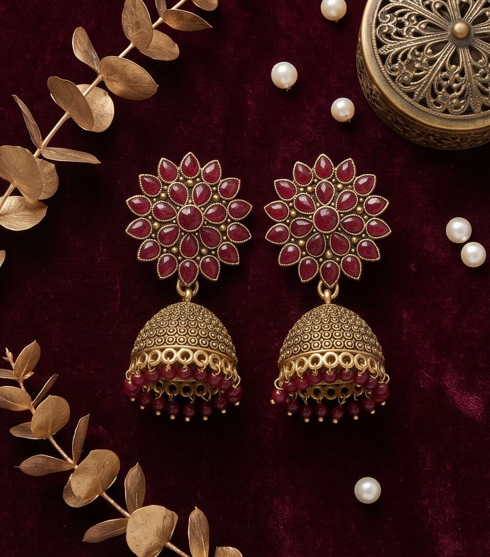 Antique Gold Ruby Jhumka Earrings – Handcrafted Ethnic Temple Jewelry with Pearl Accents
