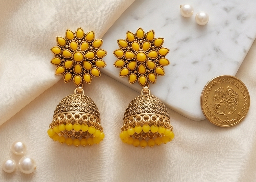 Gold Yellow Floral Jhumka Earrings – Handcrafted Ethnic Drop Earrings with Pearl & Coin Accents