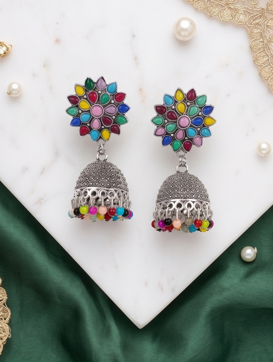 Multicolor Gemstone Silver Jhumka Earrings – Handcrafted Floral Ethnic Drop Earrings with Pearl Lace Accents