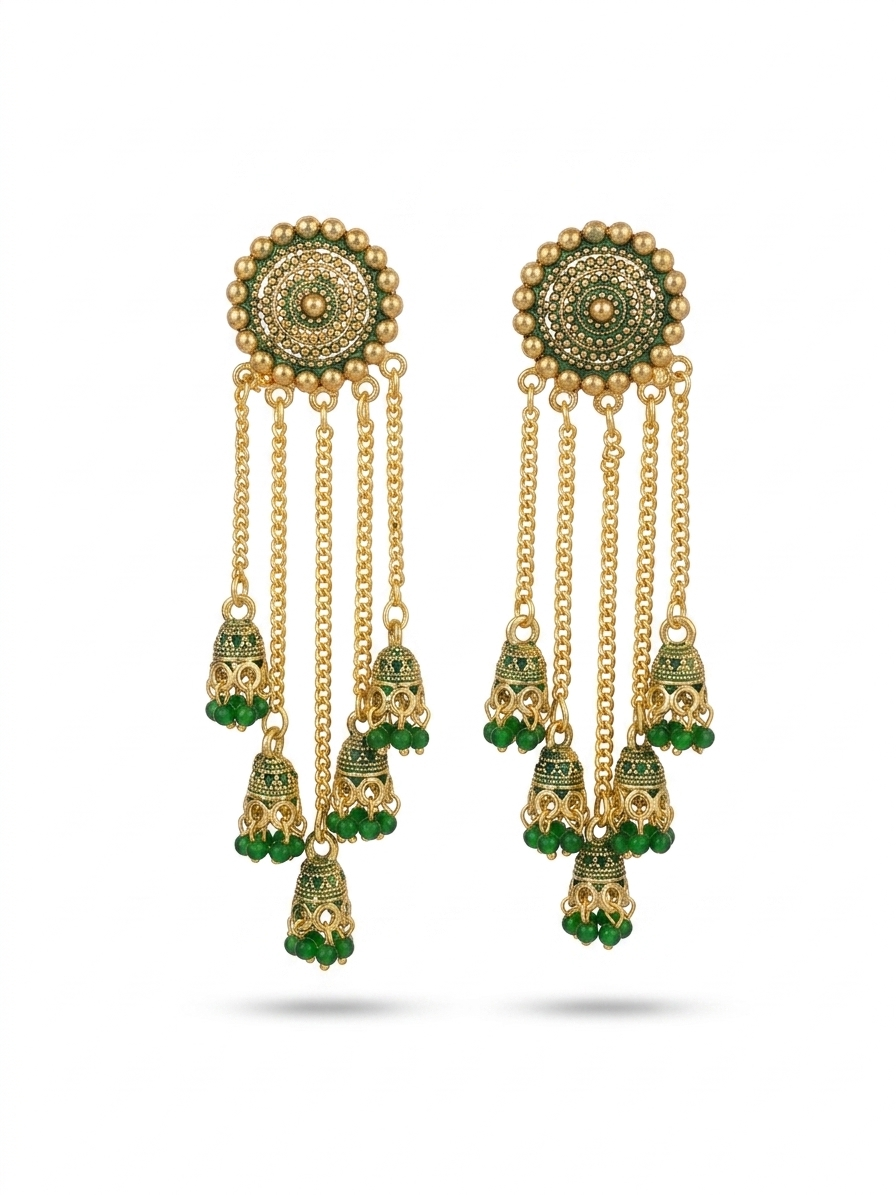 Gold-Plated Cascading Multi-Layer Jhumka Earrings with Green Bead Accents