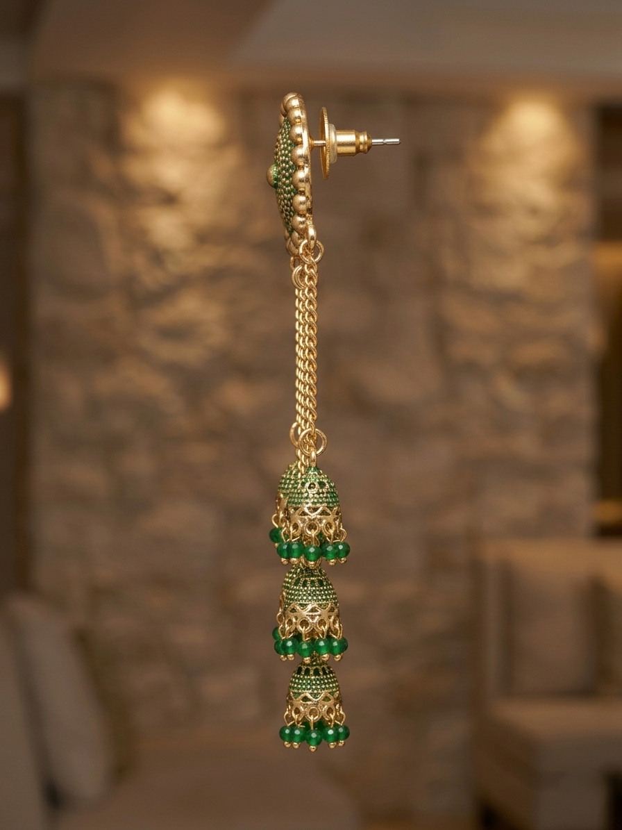 Gold-Plated Cascading Multi-Layer Jhumka Earrings with Green Bead Accents