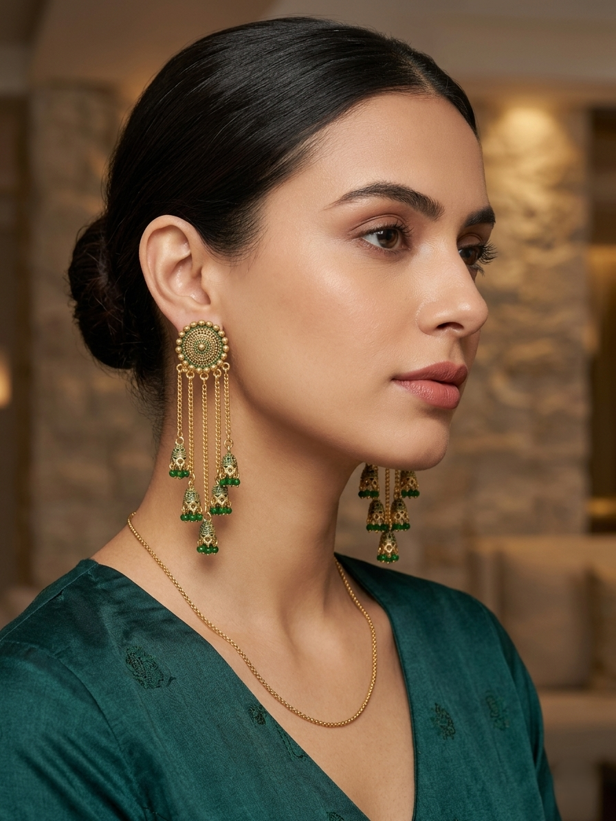 Gold-Plated Cascading Multi-Layer Jhumka Earrings with Green Bead Accents