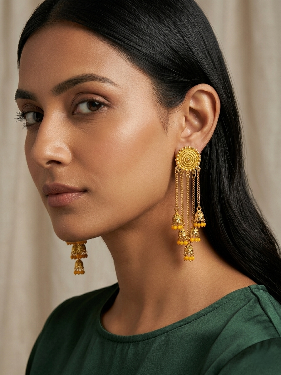 Gold-Plated Kundan Chandbali Earrings with Royal Blue Glass Beads