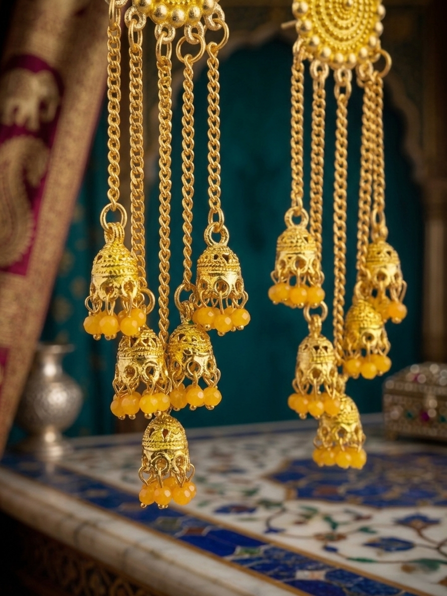 Gold-Plated Kundan Chandbali Earrings with Royal Blue Glass Beads