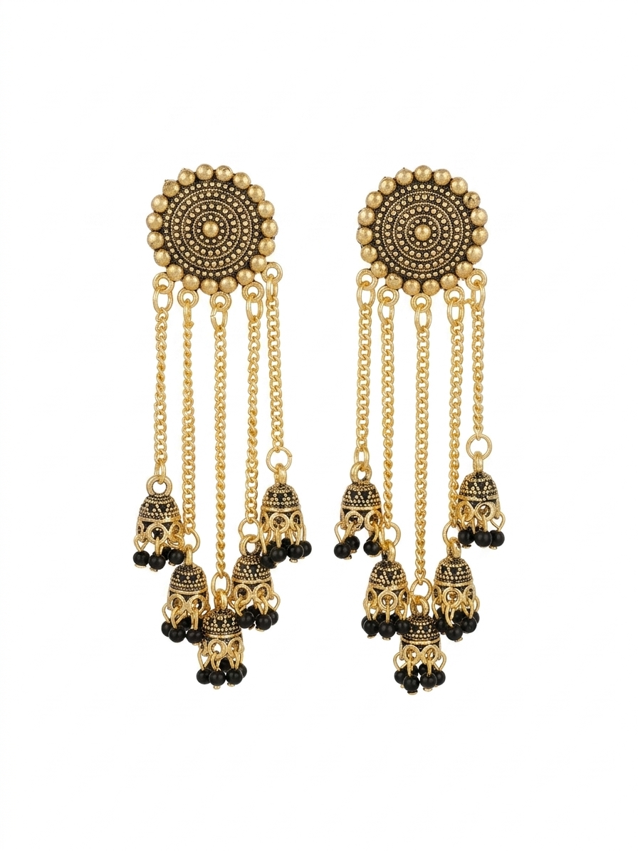 Gold Chain Drop Earrings with Bell Charms & Black Beads – Handcrafted Ethnic Layered Earrings