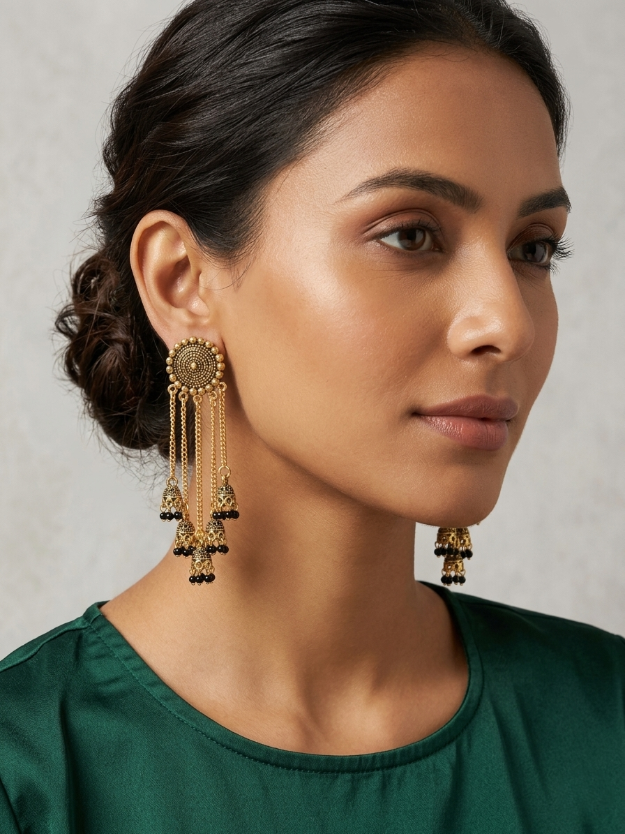 Gold Chain Drop Earrings with Bell Charms & Black Beads – Handcrafted Ethnic Layered Earrings