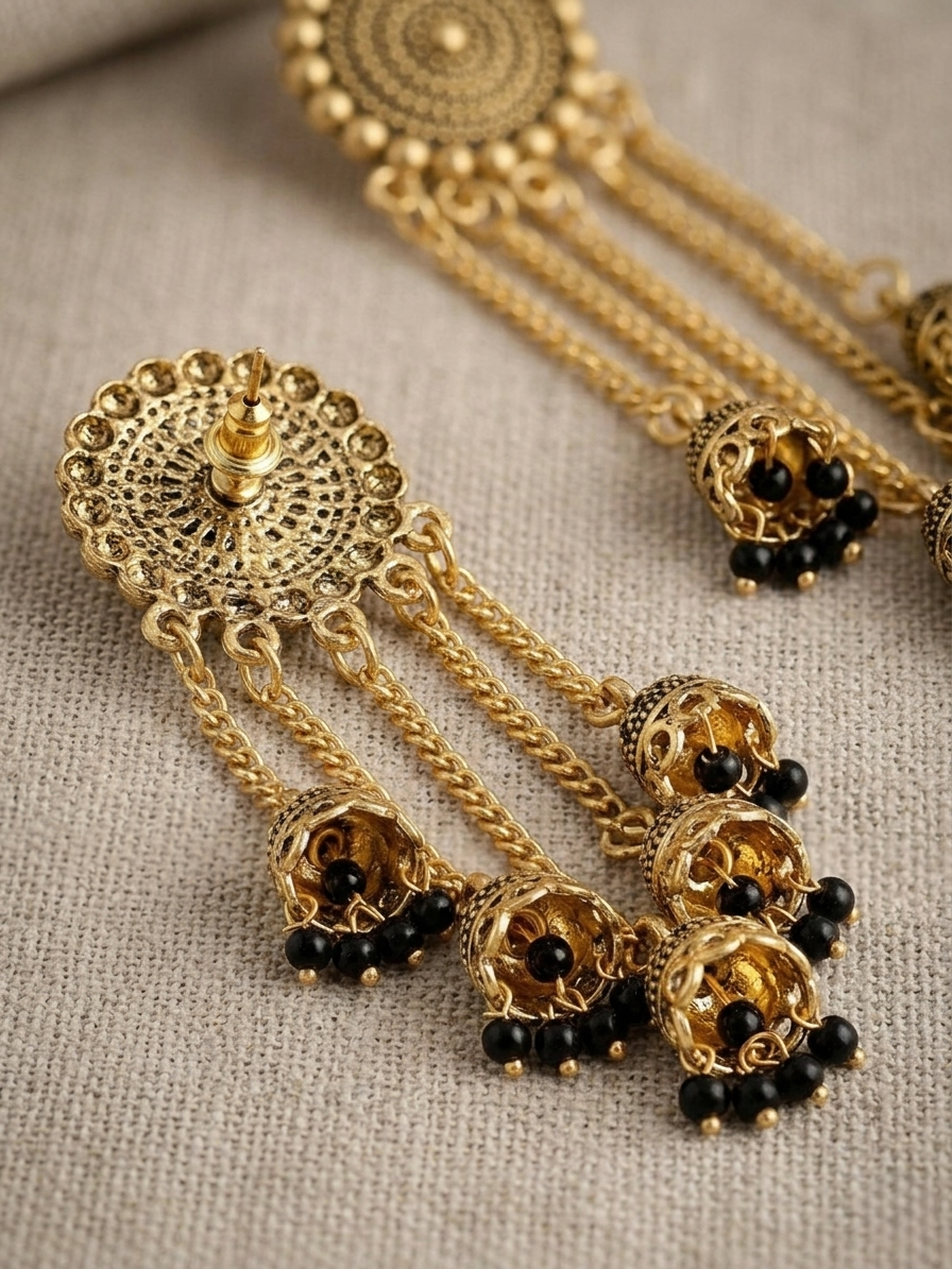 Gold Chain Drop Earrings with Bell Charms & Black Beads – Handcrafted Ethnic Layered Earrings