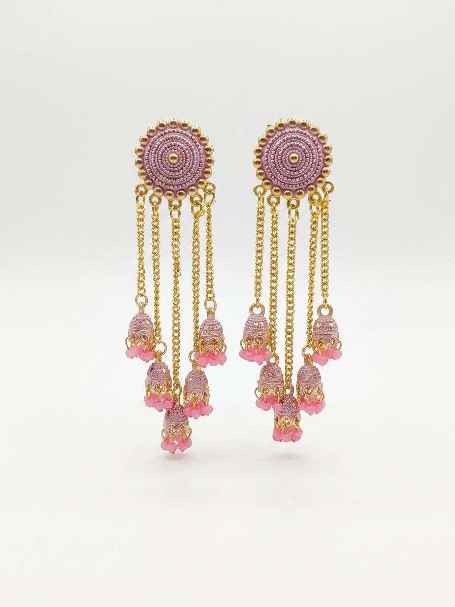 Gold-Plated Cascading Multi-Layer Jhumka Earrings with Pastel Pink Beads