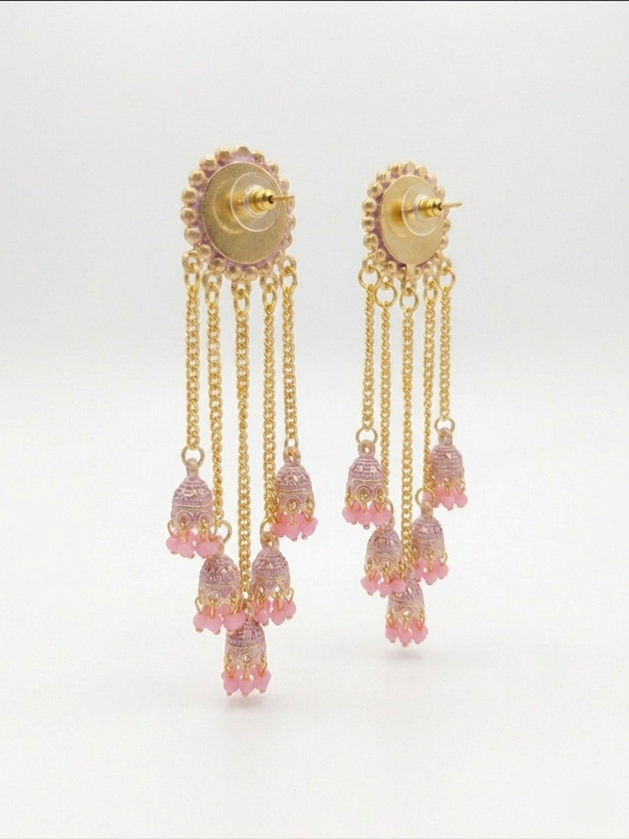 Gold-Plated Cascading Multi-Layer Jhumka Earrings with Pastel Pink Beads