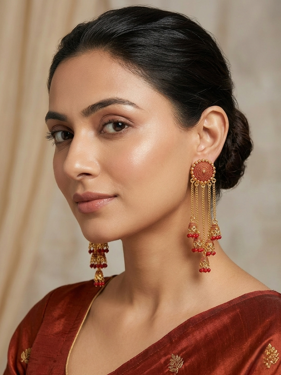 Gold-Plated Cascading Multi-Layer Jhumka Earrings with Ruby Red Beads
