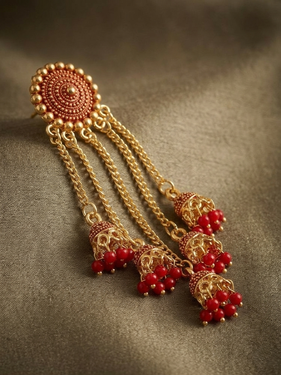 Gold-Plated Cascading Multi-Layer Jhumka Earrings with Ruby Red Beads