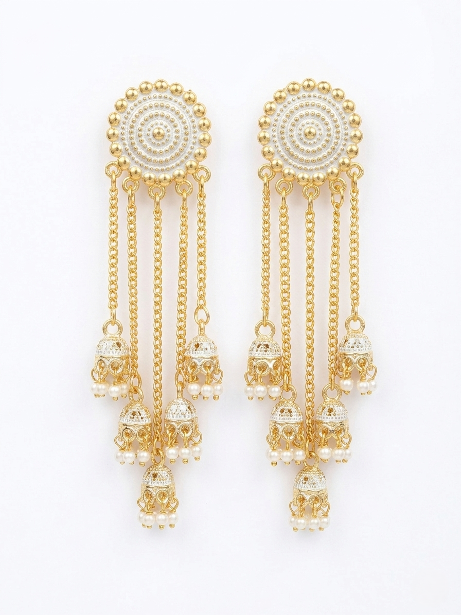 Gold-Plated Cascading Multi-Layer Jhumka Earrings with White Pearl Beads