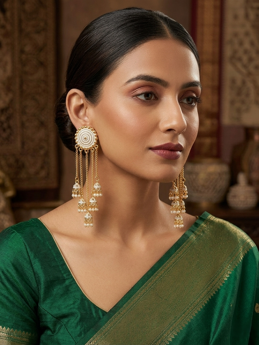 Gold-Plated Cascading Multi-Layer Jhumka Earrings with White Pearl Beads
