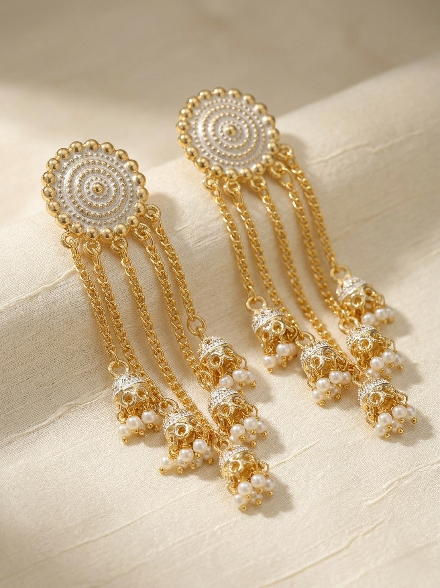 Gold-Plated Cascading Multi-Layer Jhumka Earrings with White Pearl Beads