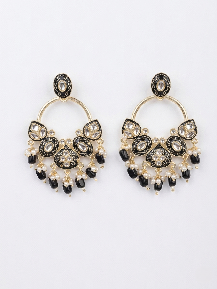 Gold & Black Enamel Semi-Circle Drop Earrings with Crystal & Pearl Bead Fringe