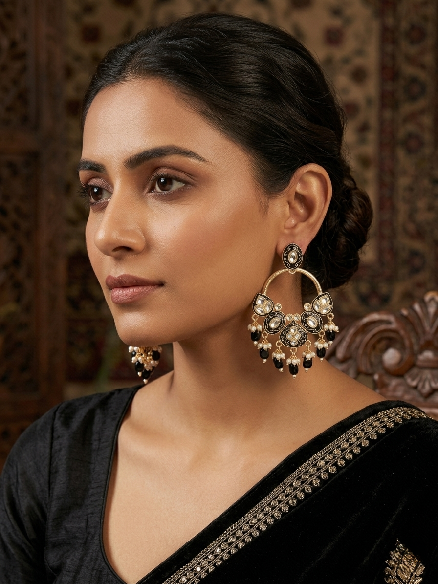 Gold & Black Enamel Semi-Circle Drop Earrings with Crystal & Pearl Bead Fringe