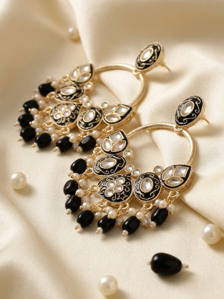 Gold & Black Enamel Semi-Circle Drop Earrings with Crystal & Pearl Bead Fringe