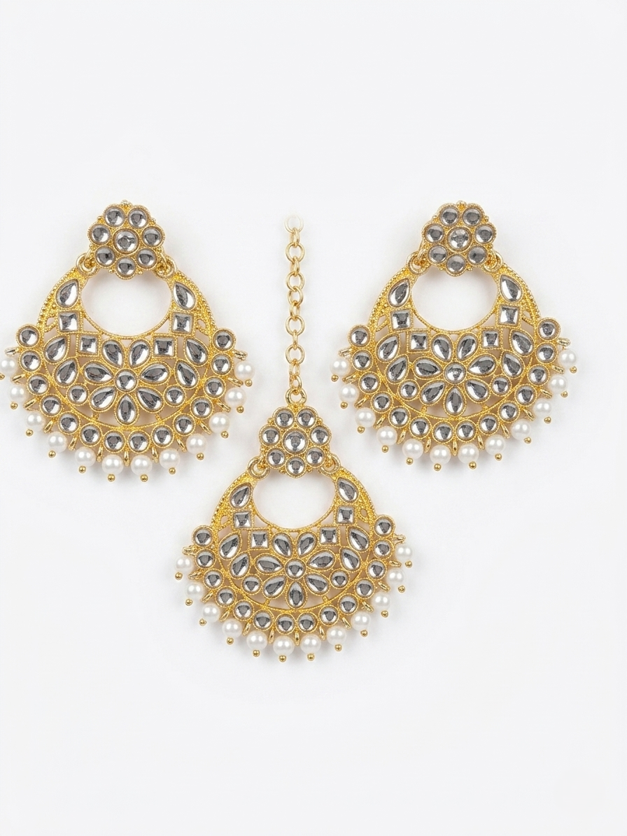 Traditional Clear Stone Cluster Chandbali Earring Set with Matching Tikka