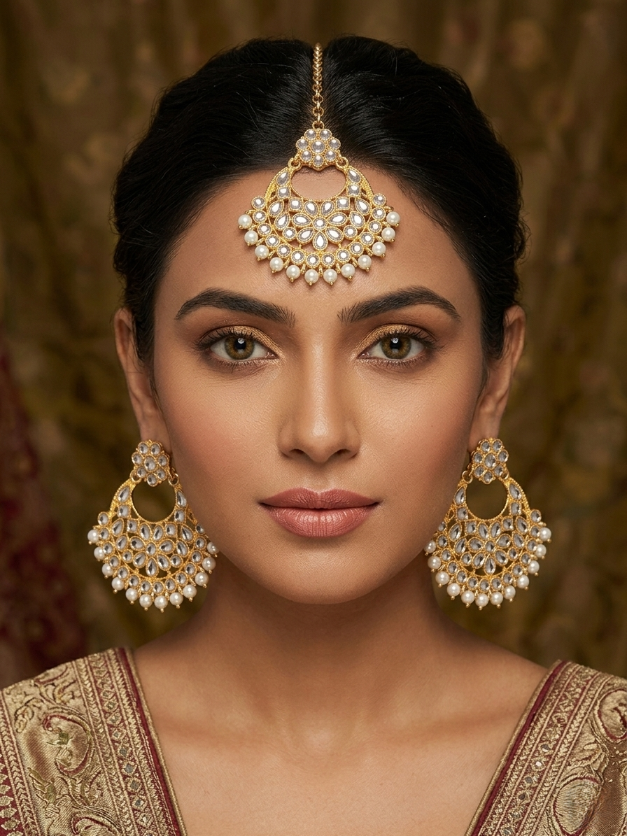 Traditional Clear Stone Cluster Chandbali Earring Set with Matching Tikka
