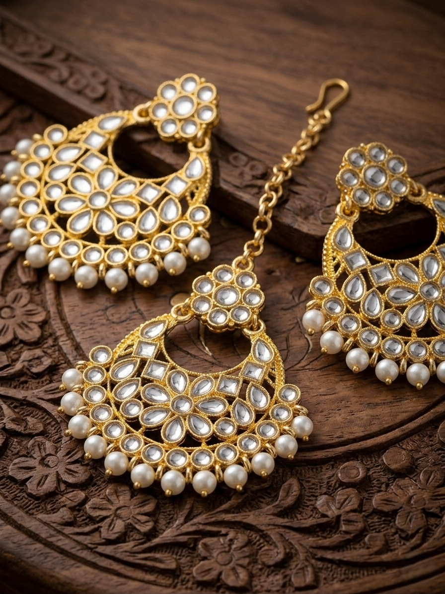 Traditional Clear Stone Cluster Chandbali Earring Set with Matching Tikka