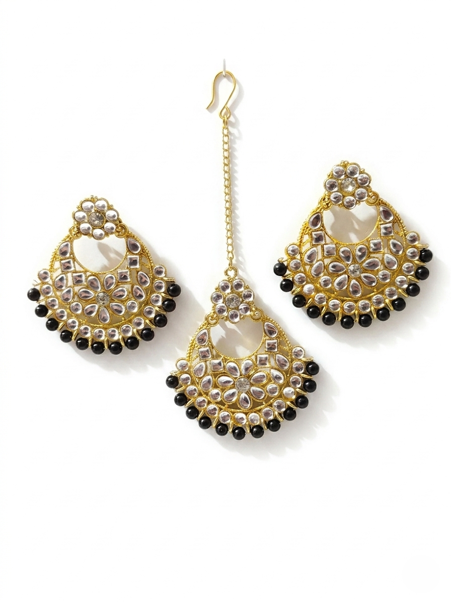 Antique Gold-Plated Kundan Chandbali Earring & Maang Tikka Set with Black Beads