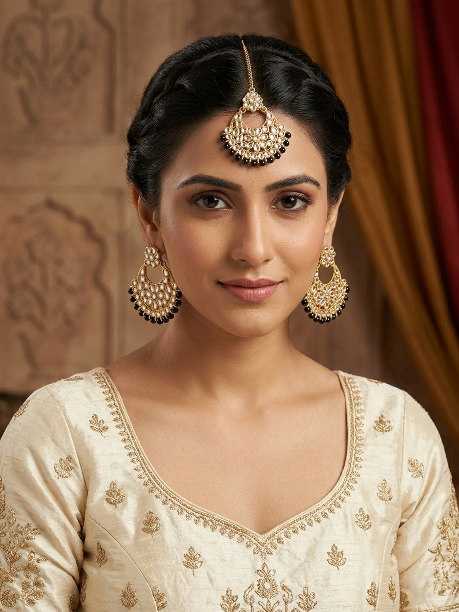 Antique Gold-Plated Kundan Chandbali Earring & Maang Tikka Set with Black Beads