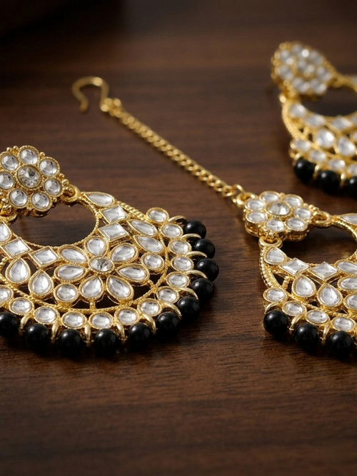 Antique Gold-Plated Kundan Chandbali Earring & Maang Tikka Set with Black Beads