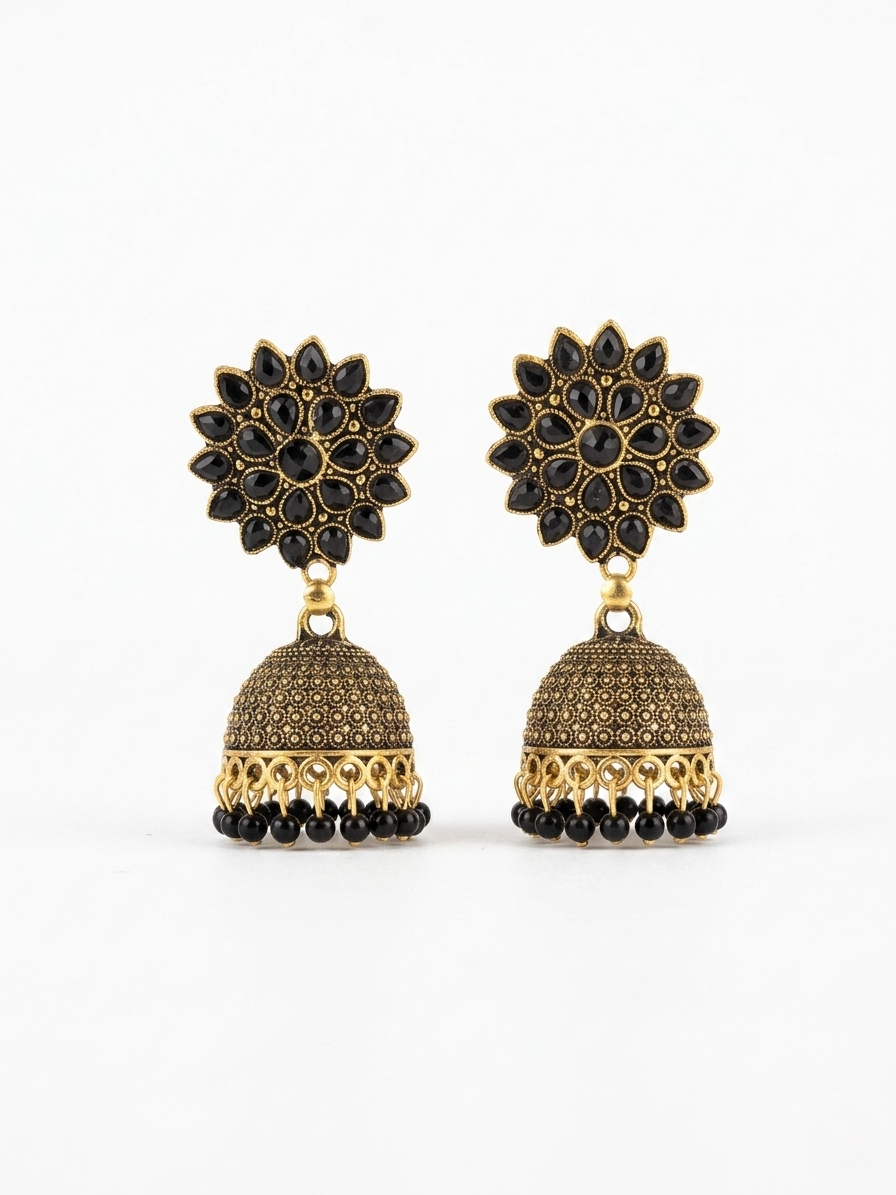 Antique Gold-Plated Black Crystal Sunflower Jhumka Earrings