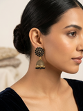 Antique Gold-Plated Black Crystal Sunflower Jhumka Earrings