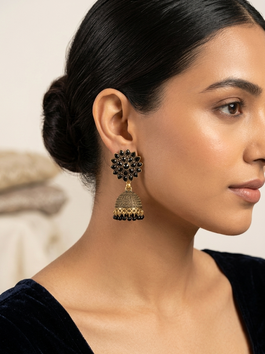 Antique Gold-Plated Black Crystal Sunflower Jhumka Earrings