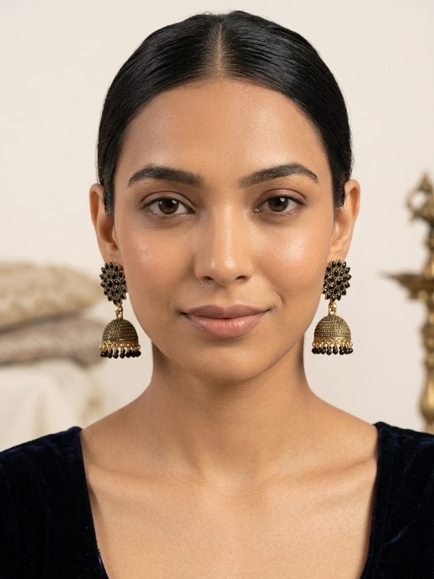 Antique Gold-Plated Black Crystal Sunflower Jhumka Earrings