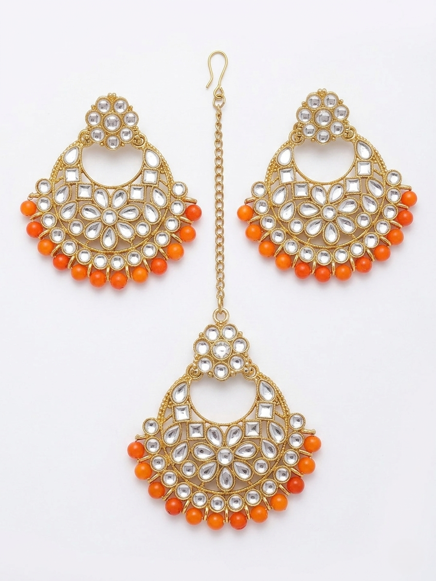 Antique Gold-Plated Kundan Chandbali Earring & Maang Tikka Set with Orange Beads
