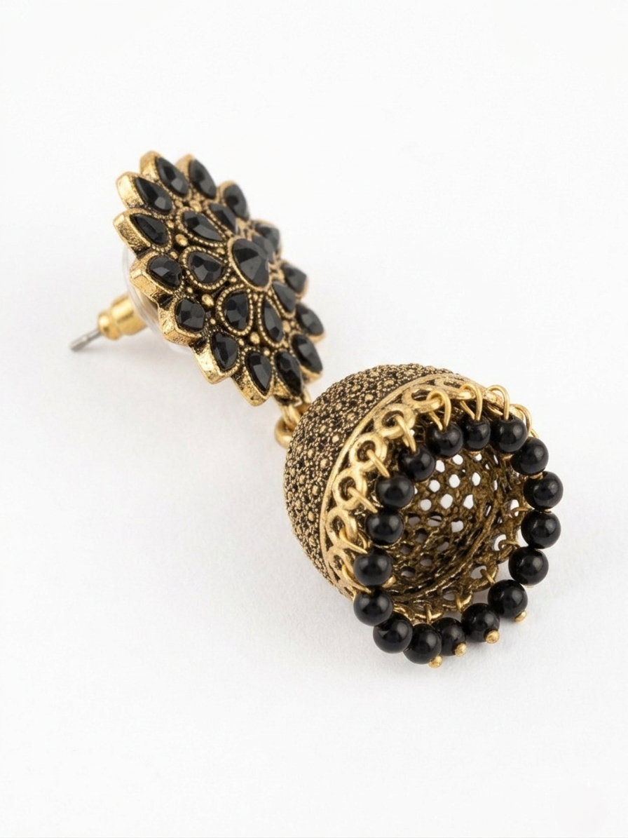Antique Gold-Plated Black Crystal Sunflower Jhumka Earrings