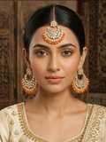Antique Gold-Plated Kundan Chandbali Earring & Maang Tikka Set with Orange Beads
