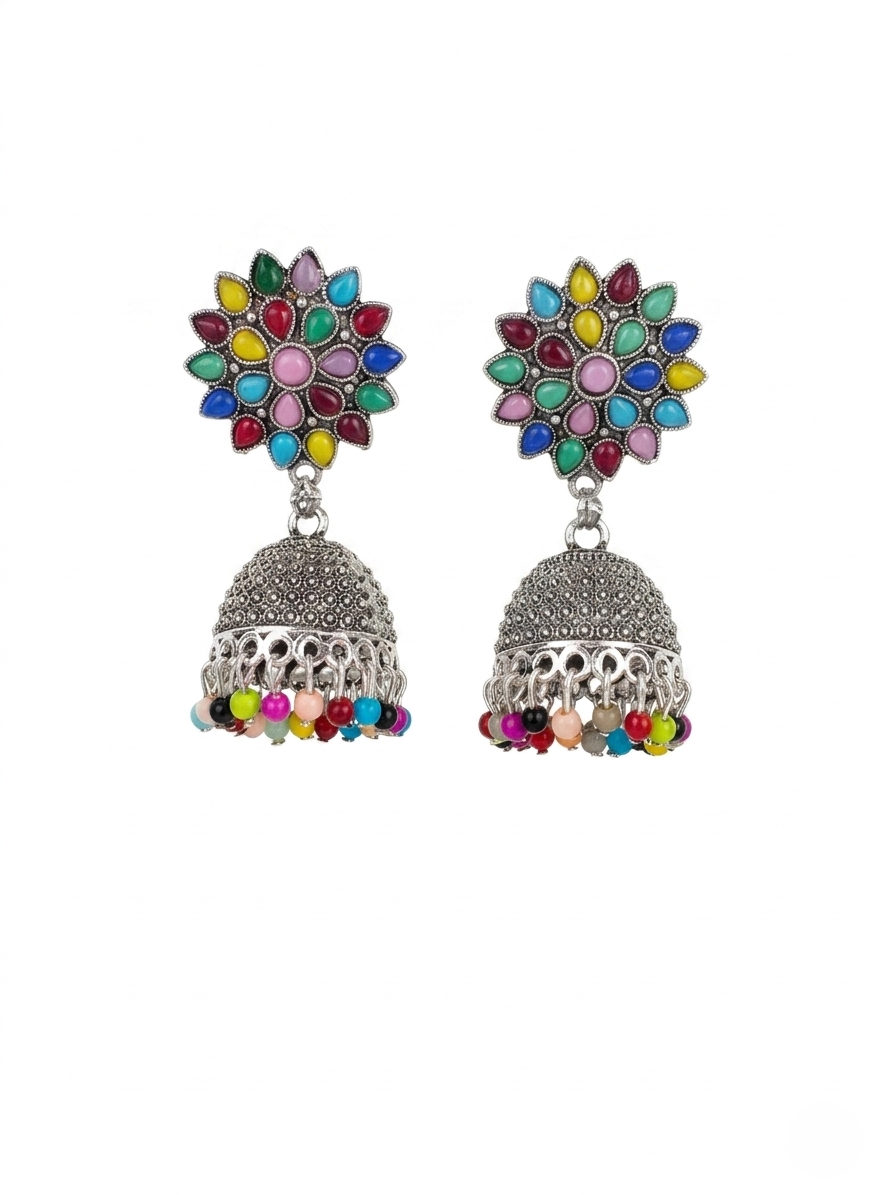 Multicolor Gemstone Silver Jhumka Earrings – Handcrafted Floral Ethnic Drop Earrings with Pearl Lace Accents
